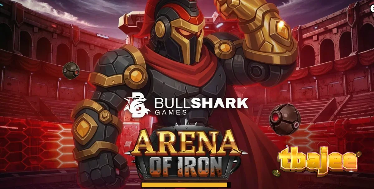 Arena of Iron স্লট গেমের একটি দৃশ্য যেখানে রোবোটিক যোদ্ধা এবং ধাতব প্রতীক দেখা যাচ্ছে